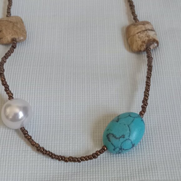 Lia Sophia Capri Jasper and Turquoise Faux Pearl Assorted Seed Beaded Necklace - Picture 3 of 8